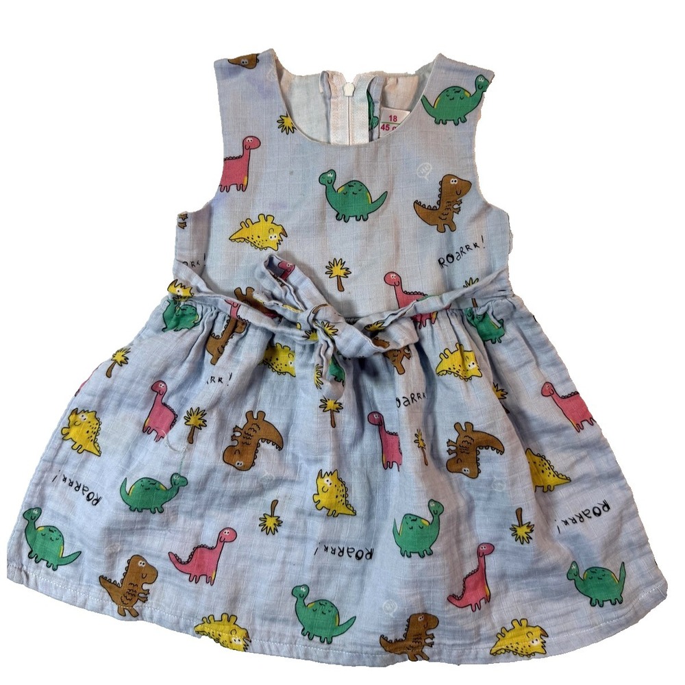 Vintage Dinosaur Dress Girls 2T Multicolor Cotton Gauze Sundress Bow Summer